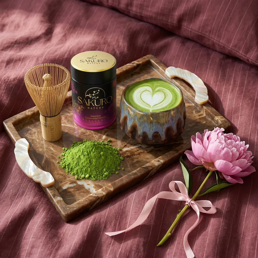 Zestaw Sakuro Matcha z czarką i bambusowym chasenem na tacy